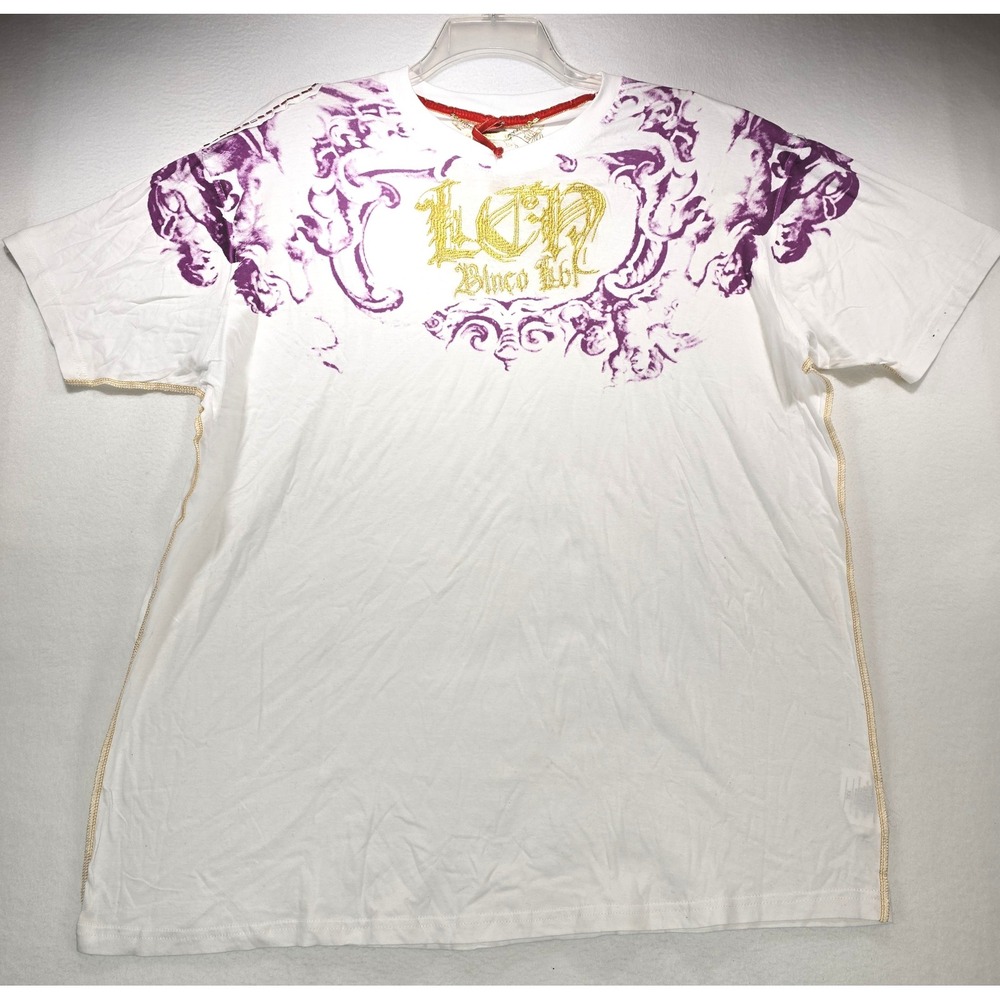 Blanco Label Mens XXL White Purple Gold Graphic Embroidered T-Shirt NWT
